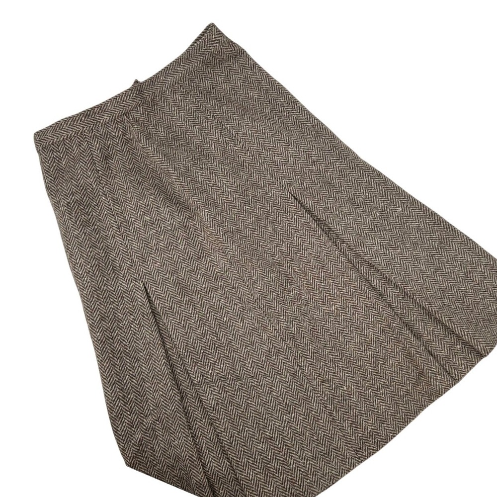 Vintage St Michael Wool Herringbone Pleated A-Line Skirt Brown Made in UK 14 27"